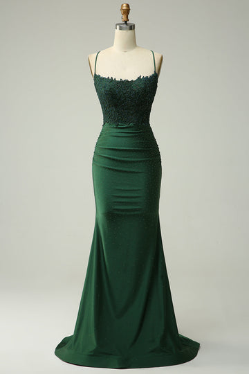 Mermaid Halter Dark Green Long Ball Dress with Appliques Beading